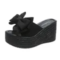 Elegant black platform wedge sandal for women featuring a large decorative bow detail - 34 / Black