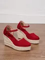 Detail view of stylish red suede closed-toe espadrille wedge sandals with ankle strap - 34 / Red