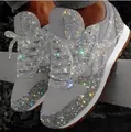 Sparkly grey rhinestone platform sneakers for women with chunky breathable soles. - 35 / Silver