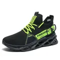 Black and neon green breathable mesh running sneakers with a unique blade sole design - Black Green