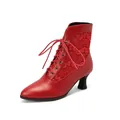 Side view of red Victorian lace-up ankle boots with lace mesh and pointed toe - 33 / Red