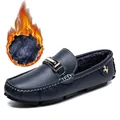 Men's winter warm fur-lined loafers featuring a sleek leather finish and gold buckle - 38 / Fleece Lined Style / Blue