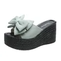 Light green wedge platform sandal featuring a large decorative bow and woven texture sole - 34 / Light Blue