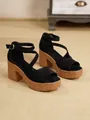 Sandalias de plataforma de ante negro con tira al tobillo y tacón de bloque de corcho. - 34 / Negro