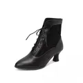 Victorian style black lace-up ankle boot featuring a pointed toe and elegant mid-heel - 33 / Black