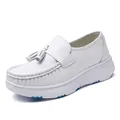 Elegant white genuine leather nurse shoes with tassel detail and soft breathable sole - 38 / White