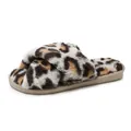 Close-up of stylish leopard print faux fur cross-strap slippers for indoor wear - 36 / Beige