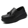 Comfortable black leather nurse work shoes with tassel detail and thick soft sole - 38 / Black