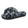 Close-up detail of soft grey leopard print plush slippers featuring a stylish cross-strap design - 36 / Blue