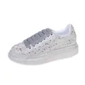 Close-up of white platform sneakers covered in shimmering multicolored rhinestones - 38 / Colorful