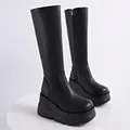 Stylish gothic black platform knee-high motorcycle boots with chunky wedge sole - 38 / Side Zip Knee High Boots (Single Lining) / Black