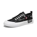 Casual men's black and white platform canvas sneakers with retro embroidery - 39 / Black