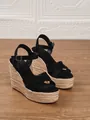 Sandalias de cuña de alpargata en ante negro para mujer con suela de plataforma trenzada - 34 / Negro