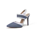 Dettaglio laterale di sandali stiletto in denim e pelle bianca con punta affusolata. - 34 / Azzurro
