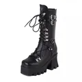 Detailed side view of black punk style platform boots with buckle and lace-up design - 35 / Black Matte