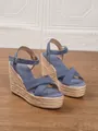 Blaue Damen-Sandalen aus Wildleder mit Plateausohle und natürlichem Jute-Keilabsatz. - Sternenblau