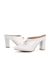 Elegant white pointed-toe block heel mules with pearl accents for summer women's style. - 34 / White