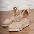 Elegant beige suede wedge espadrille sandals with an adjustable ankle strap buckle - 34 / Apricot