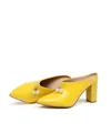 Elegant bright yellow pointed-toe mule sandals featuring chunky heels and pearl charms - 34 / Yellow