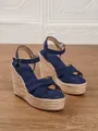 Elegante marineblaue Keilsandaletten aus Wildleder mit Plateau-Hanfsohle für Damen - Marineblau