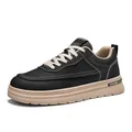 Stylish black leather men's casual board shoes featuring a beige thick sole and laces. - 39 / Black