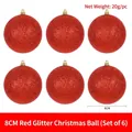 Set of 6 red glitter Christmas balls, 8cm diameter festive decorations - 8cm (Pack of 6) / Red Glitter