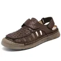 Premium brown leather men's beach sandals with breathable hollowed design and velcro strap. - 38 / Red Brown