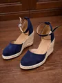 Elegant navy blue suede wedge espadrille sandals with ankle strap for summer holidays - 38 / Dark Blue