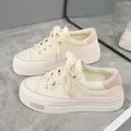 Stylish women's platform canvas sneakers in off-white with pink accents and woven side details - Pink