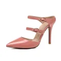 Elegant pink patent leather pointed-toe pumps with double ankle straps and high stiletto heels. - 34 / Pink