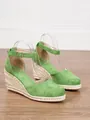 Green faux suede wedge sandals for women with straw braided sole and ankle strap buckle - 38 / Light Green