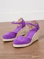 Detailed side view of purple suede espadrille wedge sandals with buckle ankle strap - 34 / Purple