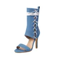 Side view detail of fashion denim lace-up stiletto high heel sandals for women - 34 / Blue