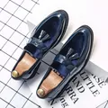 Elegant navy blue patent leather loafers with velvet panel and stylish tassel detail - 38 / Blue