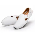 Men's white leather slip-on loafers with hand-stitched detail and cut-out design. - 39 / White