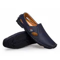 Men's navy blue pebbled leather loafers with breathable cut-outs and white stitching - 39 / Blue