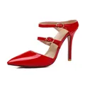 Red patent leather stiletto pumps with pointed toe and double ankle straps. - 33 / Roman Buckle Thick Heel Style / Red