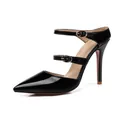 Side view of black patent leather pointed toe high heels with triple buckle straps - 33 / Black