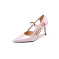 Elegantes tacones de aguja rosa perlado con punta fina y correa en el tobillo - 32 / Rosa