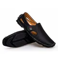 Men's black slip-on leather loafers with casual cutout design and hand-stitched details - 39 / Black