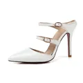 Elegant white patent leather pointed-toe pumps with double buckled ankle straps. - 33 / White