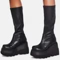 Schwarze Gothic Plateau-Stiefel für Damen mit dicker Keilsohle und hohem Absatz - Rückseitiger Reißverschluss ohne Schnürsenkel
