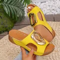 Vibrant yellow open-toe wedge sandals with stylish gold buckle and brown suede footbed - Yellow