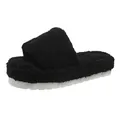 Side view of black plush slippers with a thick white platform sole for winter warmth - Black
