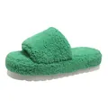Green plush fuzzy slide slippers with thick white sole detail - 35 / Green