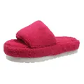 Macro detail of soft magenta fuzzy platform slippers with a thick warm white sole. - 35 / Rose Red