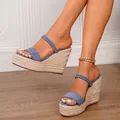 Elegantes sandalias con plataforma azul y detalles de paja trenzada natural para verano - Cielo Estrellado Azul