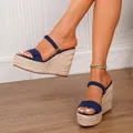 Elegantes sandalias de cuña en ante azul marino con plataforma de alpargata tejida - Azul Marino
