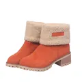 Detailed view of orange faux suede winter boots with plush beige fleece lining - 35 / Orange Red