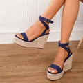 Sandalias de cuña de ante azul con plataforma de yute trenzado y correa al tobillo - 34 / Azul Marino